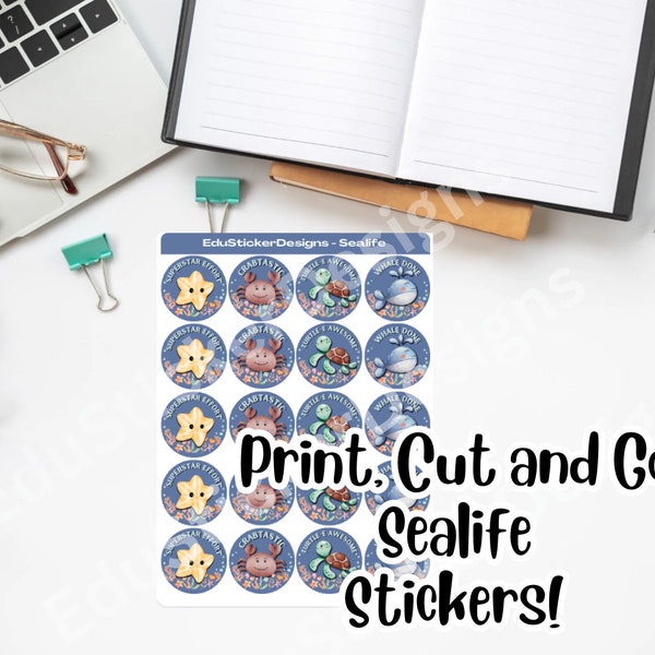 Teacher Reward Stickers I INSTANT DOWNLOAD I Teacher Gift I Sea life Stickers I Cricut I Merit Stickers I Student Stickers I Print Today