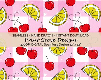 Kirsche Zitrone Musterdesign: Pink Gingham Obst Digitales Papier Kawaii Kirsche Sommer Sammelalbum Zitrus Hintergrund Kommerzieller Gebrauch
