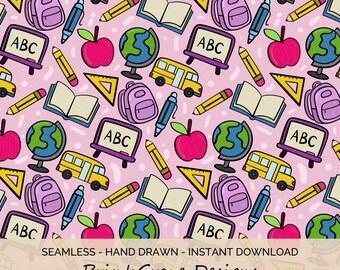 Back to School Muster: Handgezeichnete Schulsachen (Digitaler Download, 12x12 PNG