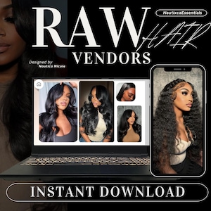 May include: A digital advertisement for hair vendors. The image features a laptop displaying hair styles, a smartphone with a hair style, and the words "RAW HAIR VENDORS" and "INSTANT DOWNLOAD". The design is black and white with a woman's face in the background.