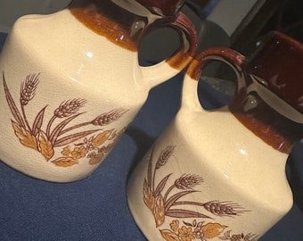 Vintage Stoneware Oil and Vinegar Pitchers with Wheat Pattern