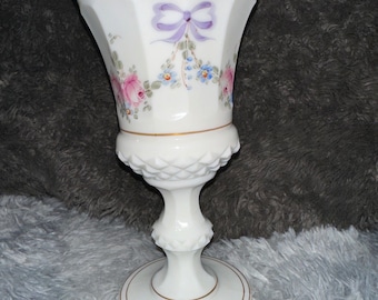 Beautiful Pristine Vintage Westmoreland Milk Glass Urn/Candy Jar with Purple Bows and Flower Pattern along with Gold Trim