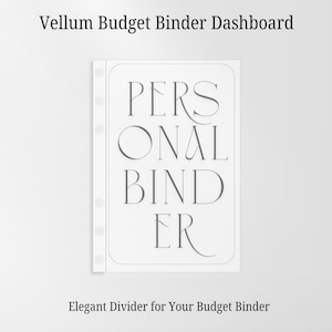 May include: A translucent vellum binder dashboard featuring a rectangular border and the text PERSONAL BINDER in a dark grey serif font. The sheet includes a vertical strip with five circular punched holes along the left side for binder insertion.