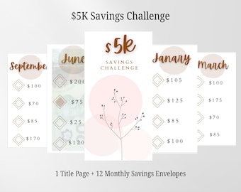 May include: A $5K Savings Challenge set featuring a title page and 12 monthly savings envelopes. Each envelope displays a month name, a dollar amount, and a diamond-shaped checkbox. The design includes soft pink circles and a thin brown branch illustration.