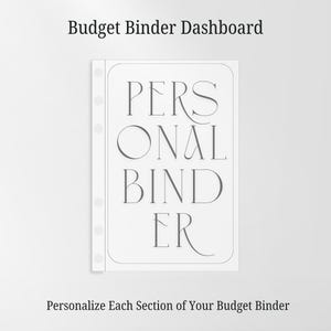 May include: A white rectangular budget binder dashboard featuring a thin border and six punched holes along the left side. The text PERSONAL BINDER is printed in a dark grey serif font in the centre. The words Budget Binder Dashboard appear above.