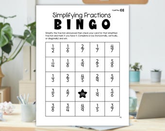 Bingokort för att förenkla bråk, matteaktivitet med bråk, utskrivbar PDF