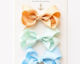 Pastel Hair Bow Set Girl Pastel Green Clip Bow Small Toddler Hair Clip Grosgrain Bow Set Girl Gift Summer Hair Welcome New Baby Gift Girl