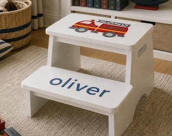 Personalized Stool Wooden Firetruck Name Stool Custom Kid Name Little Boy Gift Idea Sibling Fire Engine Stool Toddler Step Stool Custom Name