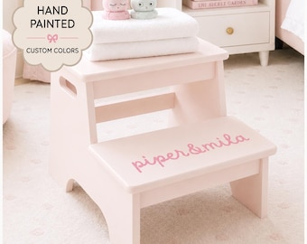 Two Name Stool Custom Toddler Step Stool Wood Double Step Personalized Kid Stool First Birthday Gift Twin Girl Pink Nursery Decor Blush Pink