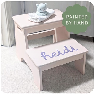 Pink Stool With Kid Name Double Step Stool Custom Bathroom Stool Wooden Custom Toddler Birthday Gift Idea Name Stool Potty Training Stool