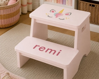 Custom Stool Wooden Unicorn Name Stool Custom Kid Name Little Girl Gift Idea Sibling Unicorn Stool Toddler Step Stool Custom Name Unicorn