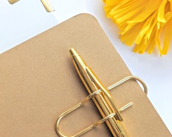 Paper Clip Pen Holder Shiny Gold Pen Clip Journal Desk Decor Gold Office Gift Stationery Gold Desk Organizer Steel Pen Clip Notebook
