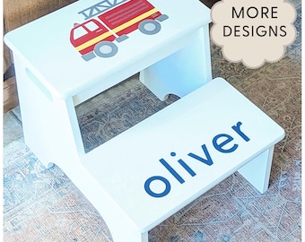 Personalized Stool Wooden Firetruck Name Stool Custom Kid Name Little Boy Gift Idea Sibling Fire Engine Stool Toddler Step Stool Custom Name