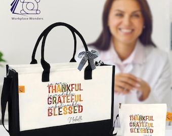 Personalized Canvas Tote Bag: Thankful, Grateful, Blessed Gift