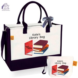 Sac fourre-tout de bibliothèque personnalisé - Sac de livre personnalisé avec nom pour femme, motif de répétition du retour de lecture, cadeau de bibliothécaire, fourre-tout pour amoureux des livres, sac de lecture