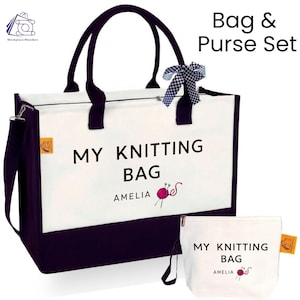 Personalised Knitting Tote Bag, Custom Name &#39;My Knitting Bag&#39; Canvas with Yarn Design, Gift for Knitters, Crochet or Craft Lovers, Large Bag