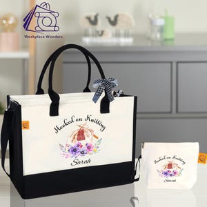 Personalized Knitting Tote Bag: Floral Canvas Yarn Project Bag