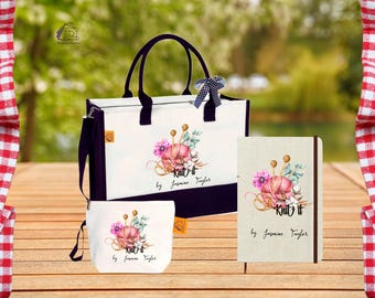 Personalized Knitting Project Tote Bag: Floral Canvas Craft Bag