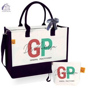 May include: White tote bag and matching cosmetic bag with the text "GP Dr. Anderson General Practitioner" in red and green. The tote bag has black handles and a black shoulder strap. A blue and white checkered bow is attached to the tote bag.