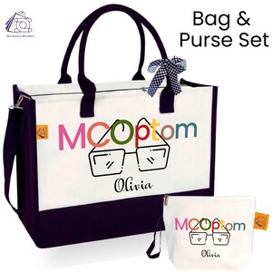 May include: A white tote bag and matching purse set with a purple base and handles. The bag features the text "Bag & Purse Set" and a colorful graphic with the name "Olivia". A blue and white bow adorns the tote bag.
