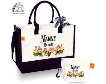 Personalized Floral Canvas Tote Bag: Nanny Gift, Rose Design