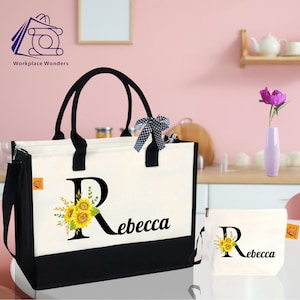 Personalized Sunflower Tote Bag, Gift For Mom, Custom Tote with Name, Summer Tote, Sunflower Gifts, Unique Floral Tote, Holiday Beach Bag
