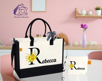 Personalized Sunflower Canvas Tote Bag: Custom Name Gift for Mom