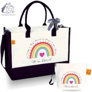 Personalised Rainbow Teacher Tote Bag - "It Takes a Big Heart" - TA Gift, Teacher Thank You Gift, Custom Name, Sentimental Appreciation Gift