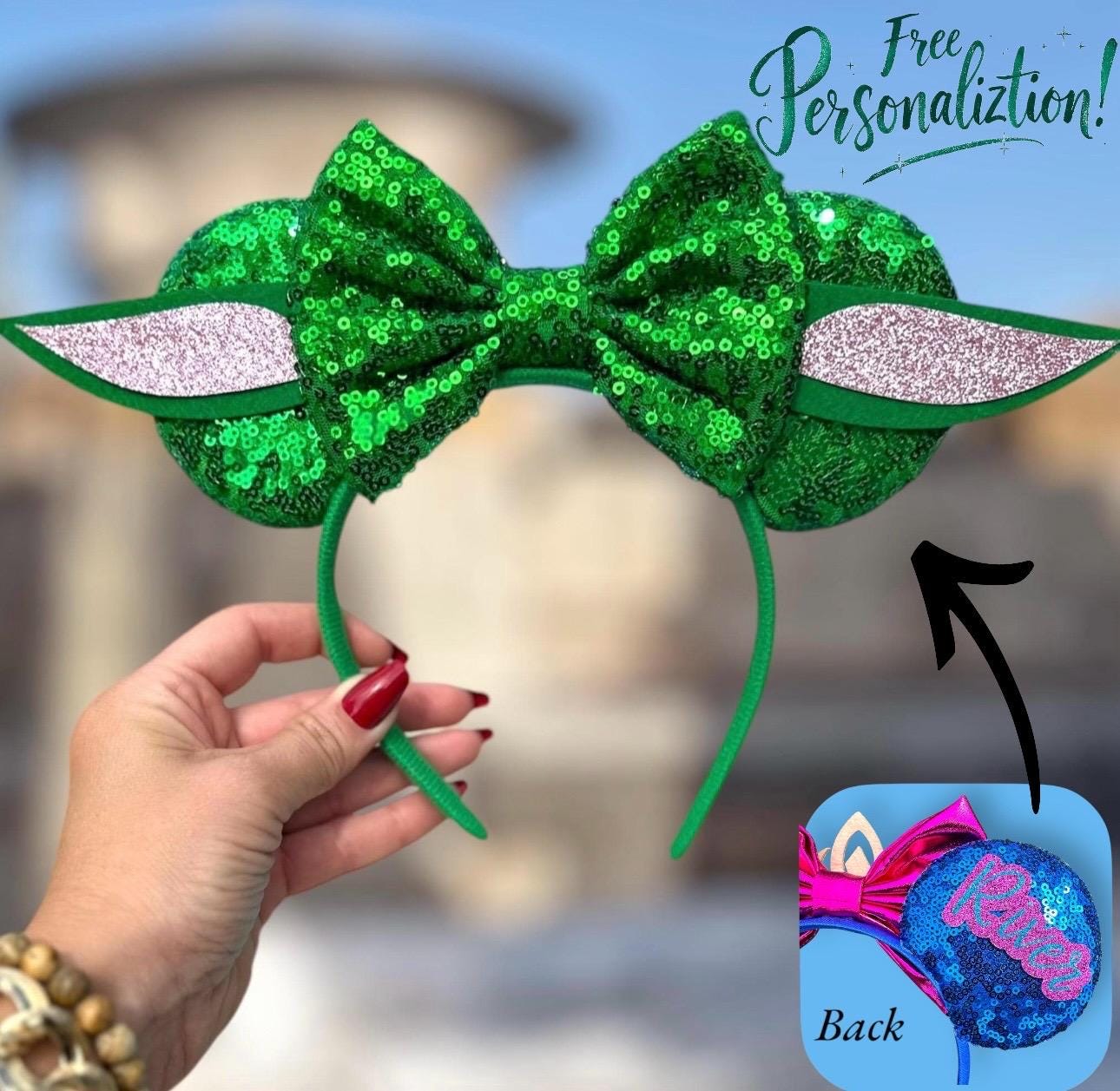 Grogu Inspired Sequin Minnie Ears: Star Wars Party Headband  display picture 3