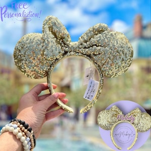 Personalized Gold Sequin Minnie Ears, Gold Mickey Ears, Disney Ears Headband, Sequin Ears