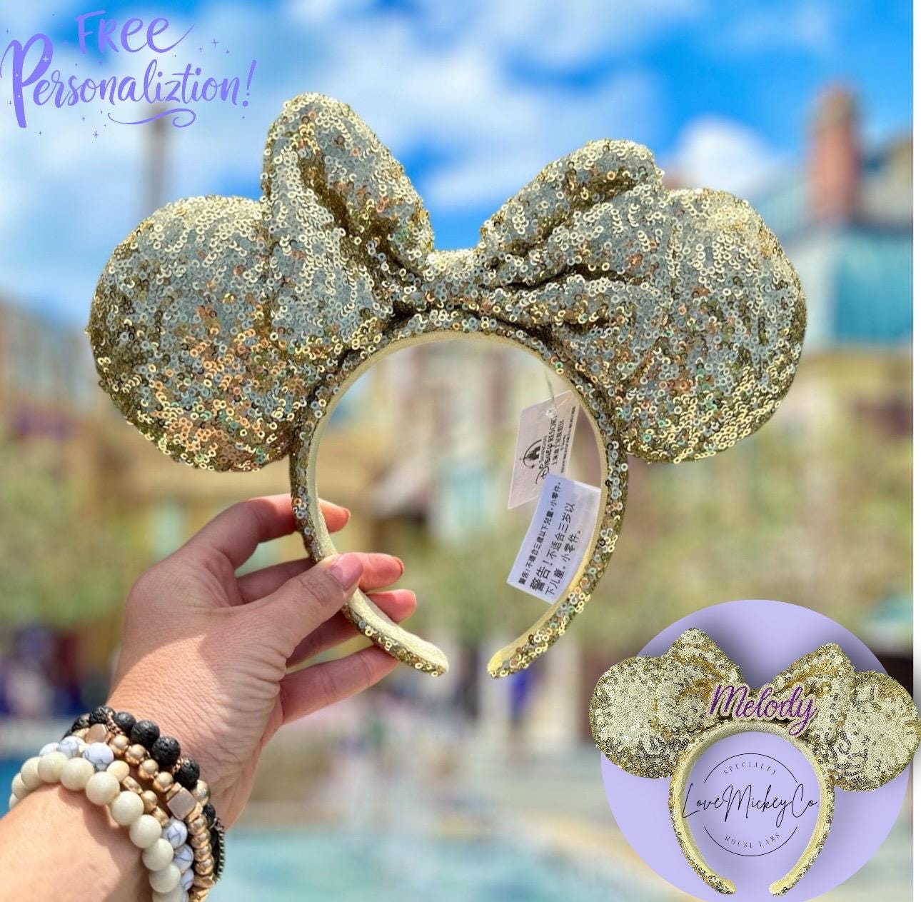 Disney Gold Sequin and Cream Patterned Minnie Ears Headband Every Pair of Disney Minnie Mouse Ear Headbands in 2024  main image 3