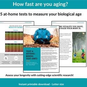 以下が含まれることがあります： 「How fast are you aging?」というタイトルの印刷可能なガイドです。  生物学的年齢を測定するための自宅で行うことができる5つのテストを紹介しています。  ガイドには、安静時の心拍数の結果の表、座って立ち上がるテスト、および「安静時の心拍数を下げる」というセクションが含まれています。