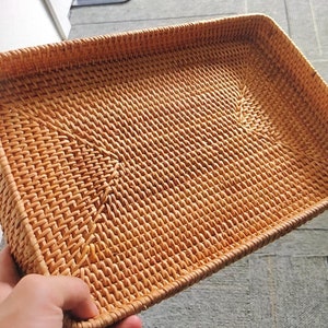 Decorative Natural Rattan Food Serving Tray,Rattan Bathroom Cabinet Rectangular Tray, Wicker Rattan Storage Basket,Handwoven Rattan Storage