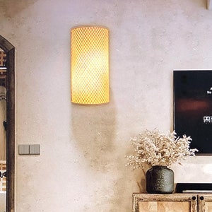 Bohemian Eclectic Semi-Flush Mount Wall Sconce,Bamboo Wicker Minimalist Bedroom Wall Lamp,Modern Art Wall Sconce,Entryway Wall Light Fixture