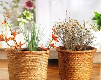 Seagrass Woven Basket Planter for Plantsman,Eco-Friendly Indoor Wicker Storage Basket,Bohemian Farmhouse Home Decor,Rustic Seagrass Basket