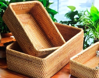 Boho Natural Rattan Storage Box,Rattan Bathroom Cabinet Rectangular Tray, Wicker Rattan Storage Basket,Handwoven Rattan Gift Box Storage Box