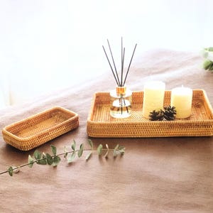 Decorative Natural Rattan Food Serving Tray,Rattan Bathroom Cabinet Rectangular Tray, Wicker Rattan Storage Basket,Handwoven Rattan Storage