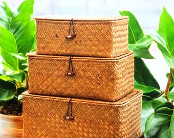 Valentine Day Gift Basket Box Idea,Wicker Seagrass Large Storage Box With Lid,Wicker Basket Storage,Small Storage Box,Bed Storage Organizer