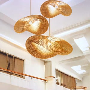 Bamboo Pendant Lamp Shade Rustic Boho Home Decor,Wicker Modern Pendant Lighting for Kitchen Island,Hanging Light Fixture For Dining Room