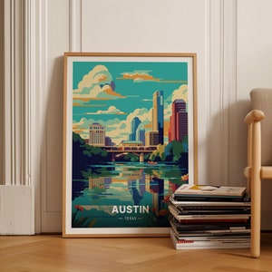 Cartel de viaje de Austin, Texas - Paisaje urbano moderno retro de mediados de siglo, ideal para decoración del hogar y la oficina, colección de arte mural de ciudades de EE. UU., C20-108