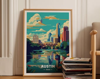 Affiche de voyage à Austin, Texas - Paysage urbain rétro moderne du milieu du siècle, idéal pour la maison et le bureau, collection d'art mural villes des États-Unis, C20-108