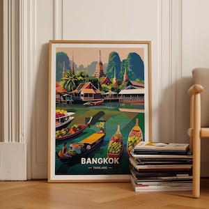 Poster da viaggio con lo skyline di Bangkok e il mercato galleggiante, arte del paesaggio urbano thailandese, arredamento unico per la casa, regalo per appassionati di viaggi, C20-764