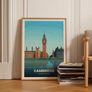 Cambridge Travel Poster, Vintage English Cityscape Wall Art, Retro UK Destination Decor, England Tourism Artwork, C20-1983