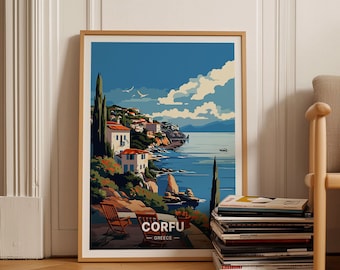 May include: A vintage-style travel poster featuring a colorful illustration of a coastal town in Corfu, Greece. The poster has a blue sky with white clouds, a turquoise sea, and green trees. The text "CORFU - GREECE" is at the bottom of the poster.