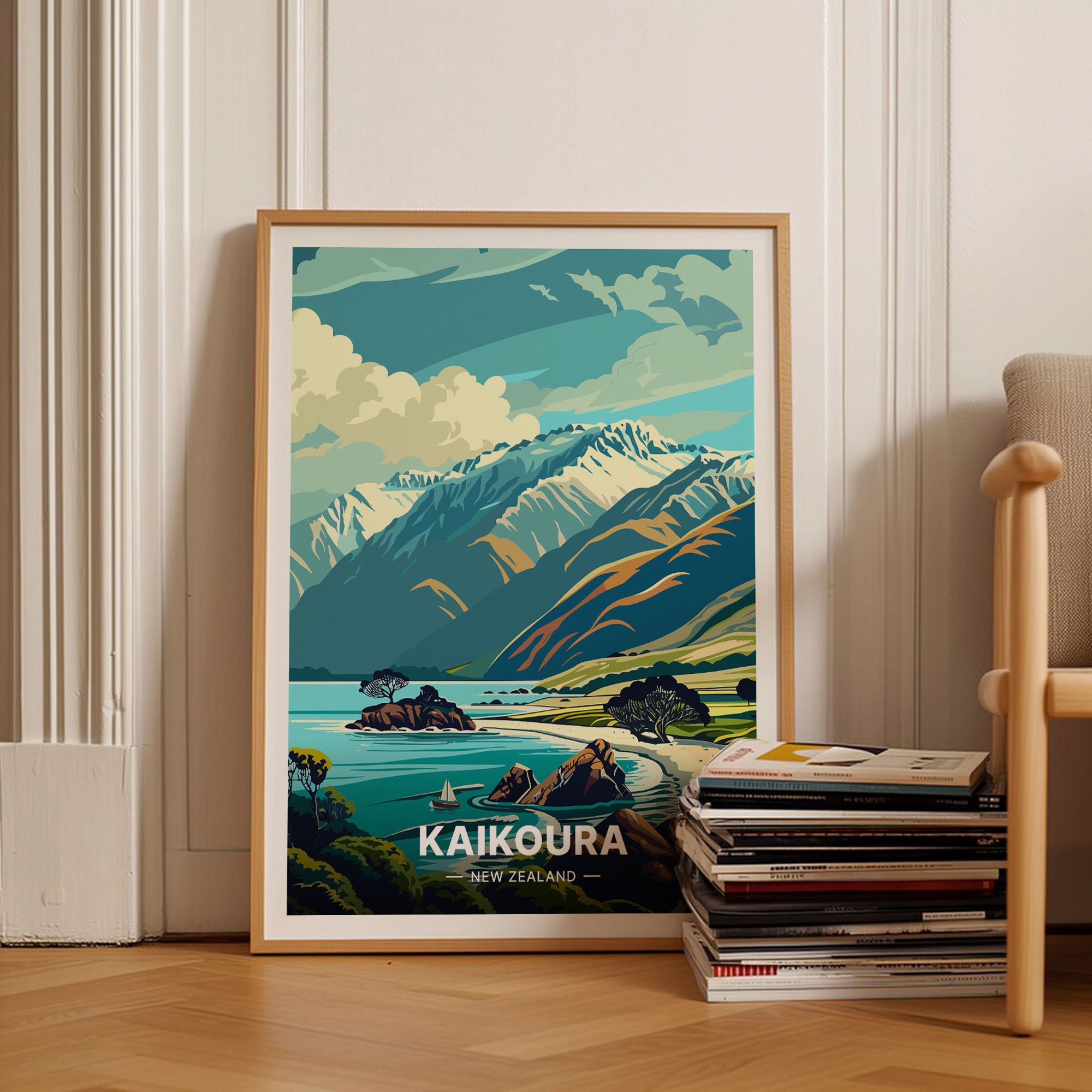 Kaikoura New Zealand Travel Poster, Coastal Landscape Art, C20-633