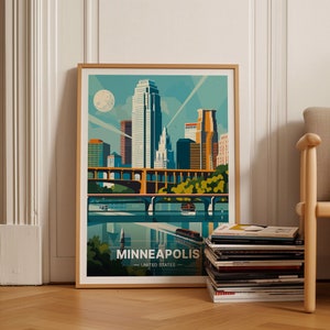 Póster del horizonte de Minneapolis, decoración de viaje, paisaje urbano de EE. UU., arte mural de Minnesota, regalo de boda único, idea de regalo de cumpleaños, C20-474
