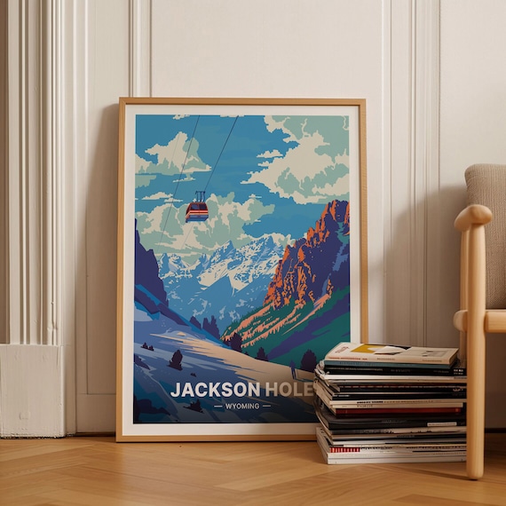 Jackson Hole Travel Poster, Ski Resort & National Park Wall Art, Grand Teton, Yellowstone, Snowboarding Decor, USA Landscape, C20-695