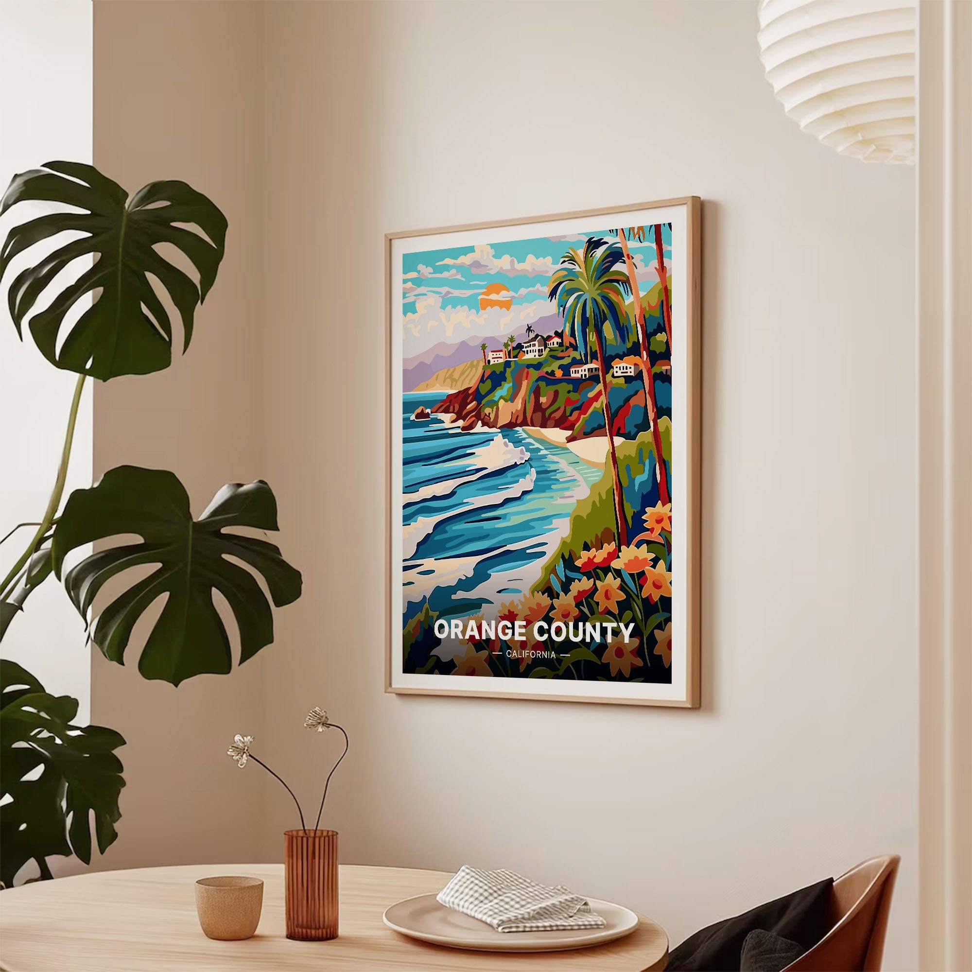 Orange County Travel Poster, California Beach Sunset Art, Mid