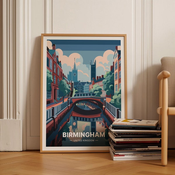 Affiche d'art paysage urbain de Birmingham, décoration murale de voyage au Royaume-Uni, idée cadeau unique d'anniversaire ou de mariage, C20-610