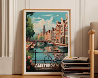 Amsterdam Travel Poster, Vintage Netherlands Skyline Art, C20-15